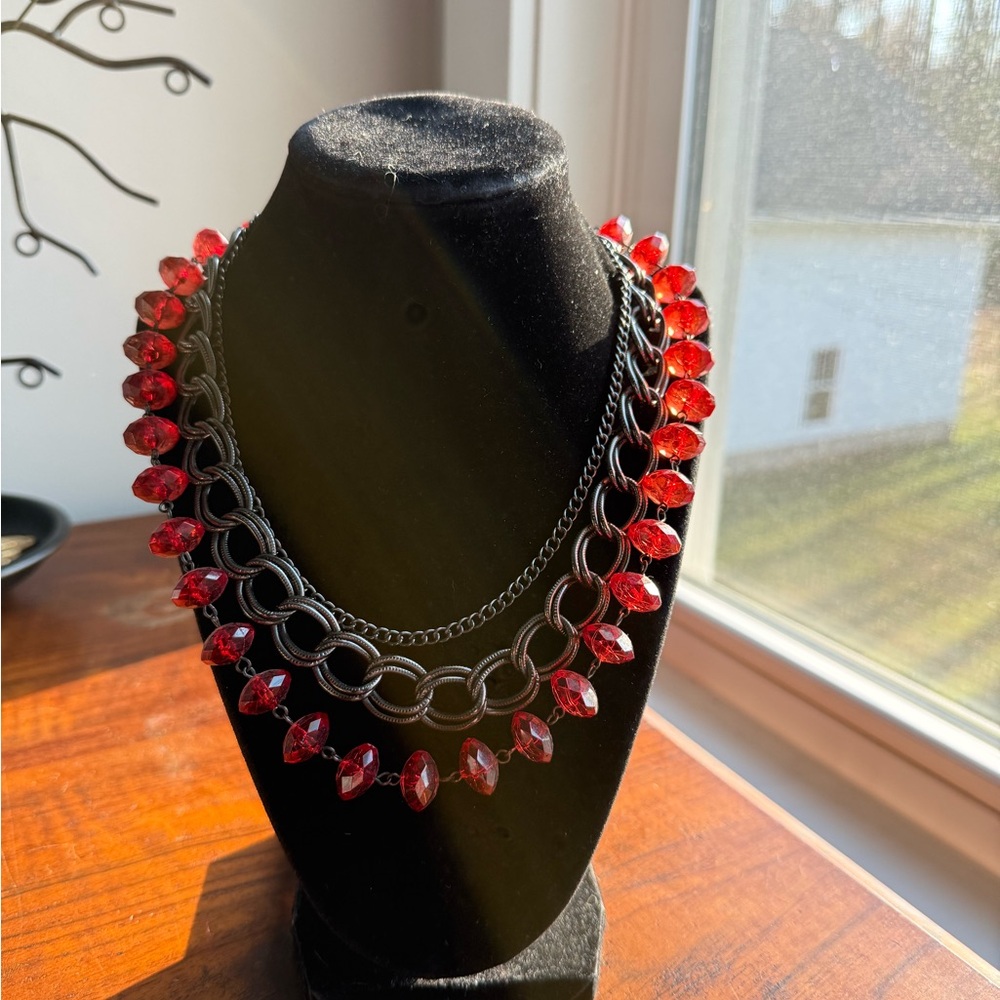 Vintage Multi-Strand Necklace With Red Beads and Gunmetal Chains